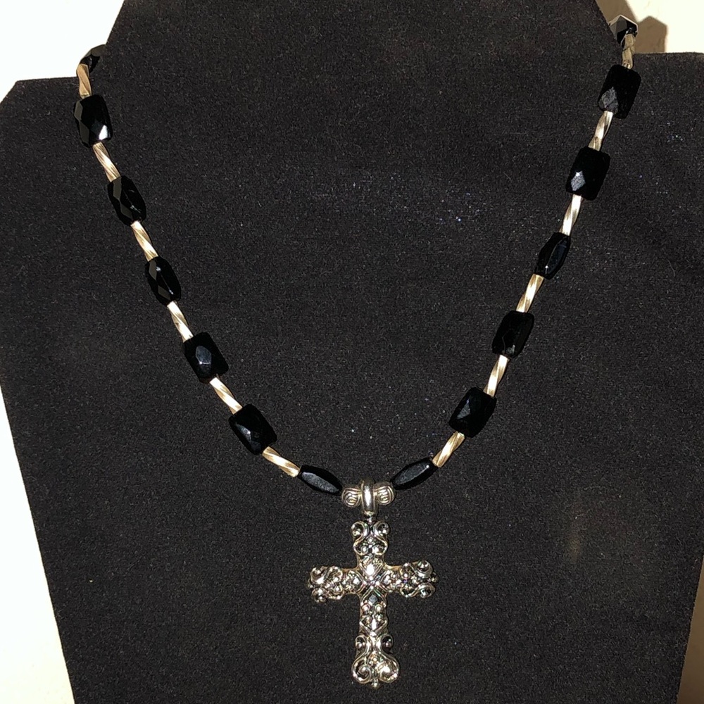 Cross black beaded necklace